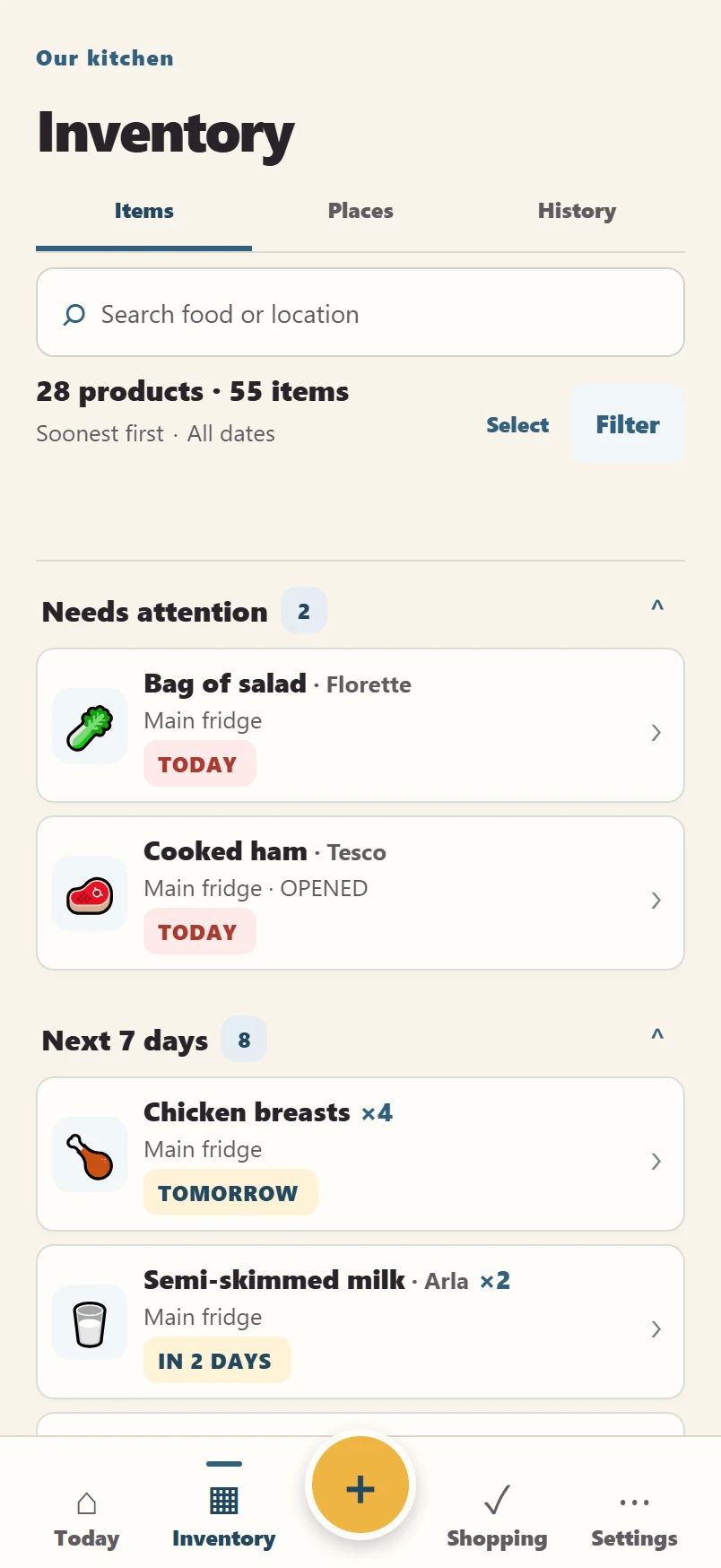 The Spiso inventory screen, showing 28 products and 55 items grouped by urgency: two needing attention today, then the eight due in the next seven days, soonest first